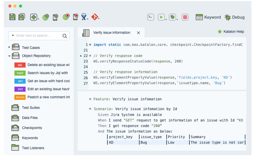 Katalon dashboard for testing API