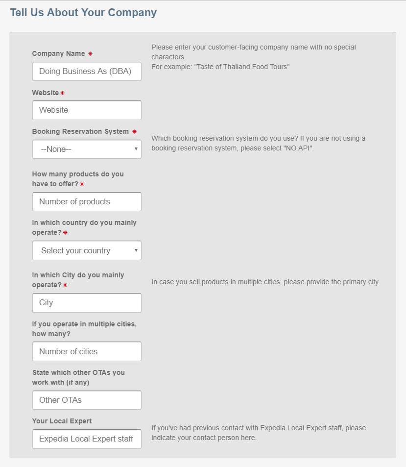 Expedia Local Expert registration form