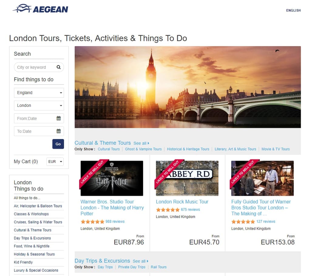 Leisure options in London for Aegean Airline screenshot