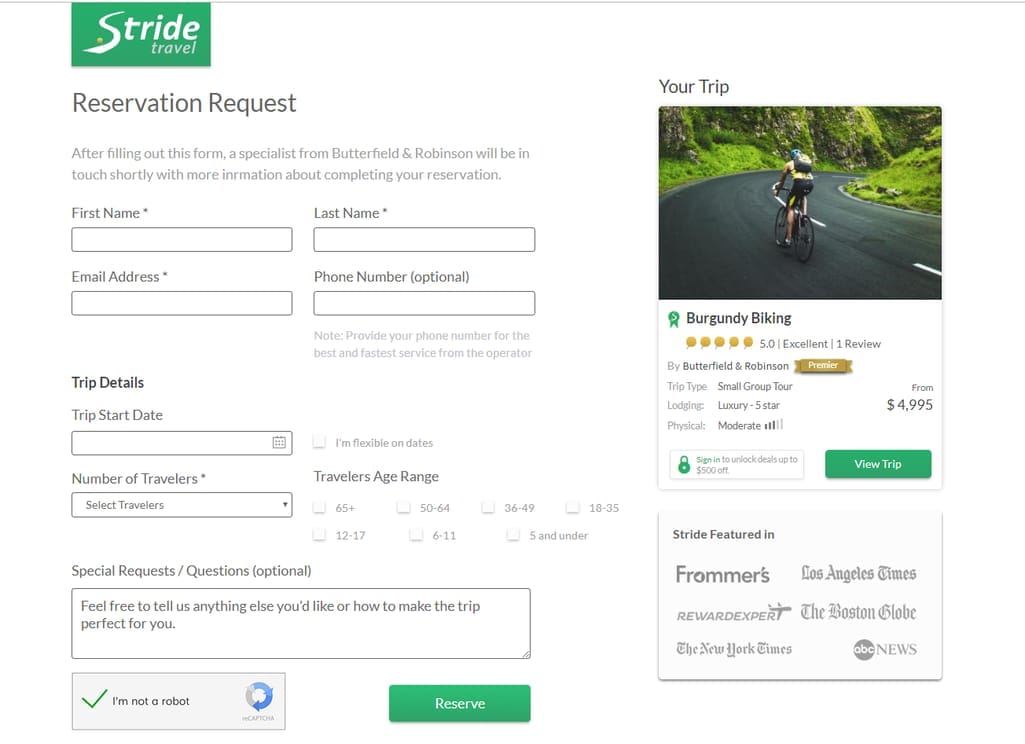 A reservation form on Stride Travel screenshot