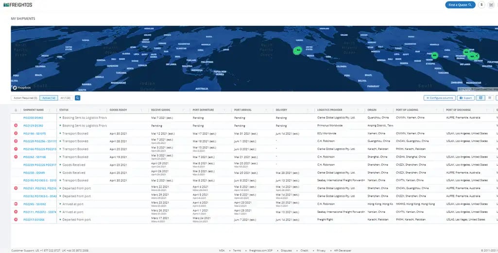 Tracking shipments on Freightos screenshot