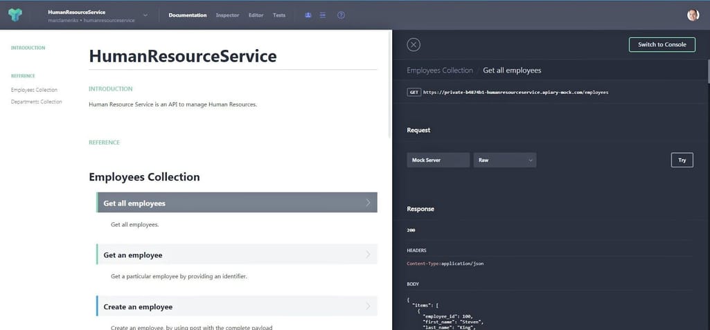 Human and machine columns in the documentation Code examples on the machine column (right) after a user clicked for an action (“Get all employees”)