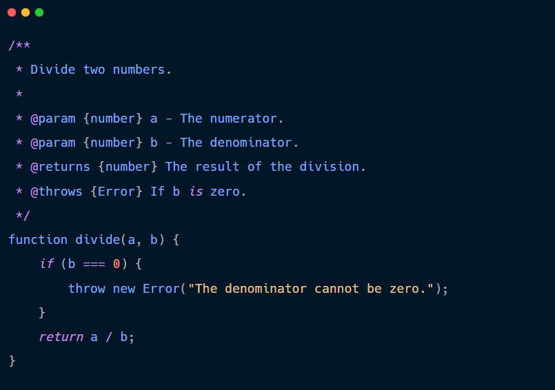 JavaScript function with a note that mentions an exception