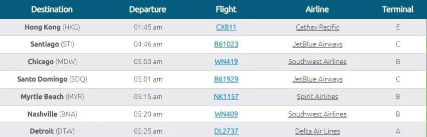 online departure information screenshot