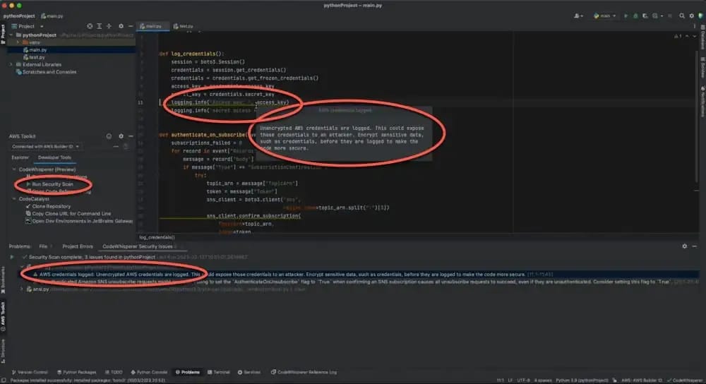 code that would write unencrypted AWS credentials to a log screenshot