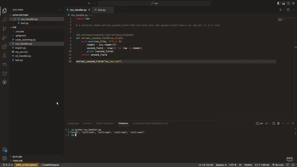Amazon Web Services CodeWhisperer screenshot
