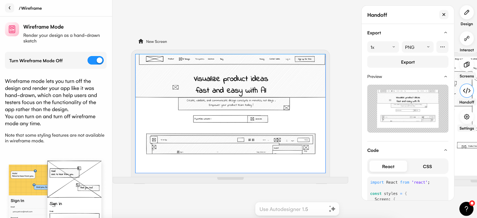 High-fidelity wireframe generated with Uizard’s scanner