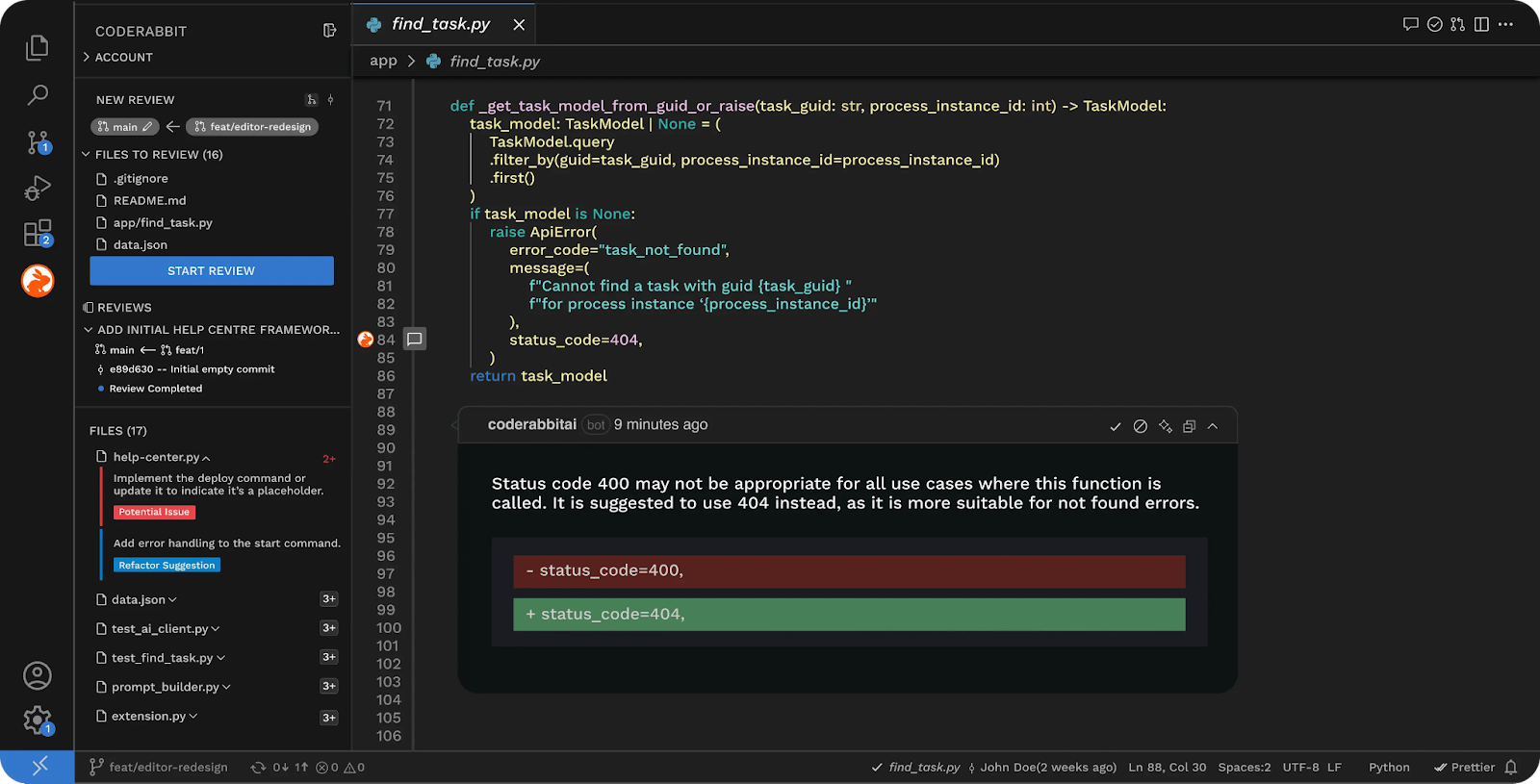 An AI tool performing a code review