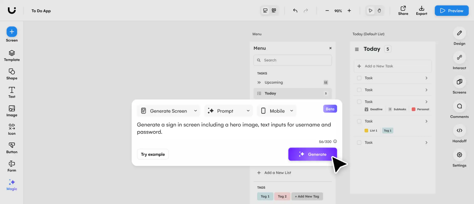 AI system being prompted to generate a UI design