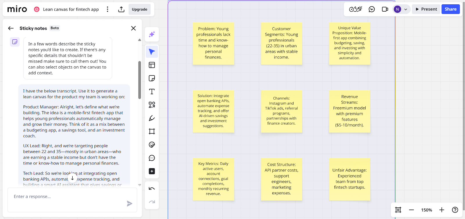 AI-generated lean canvas for a fintech app