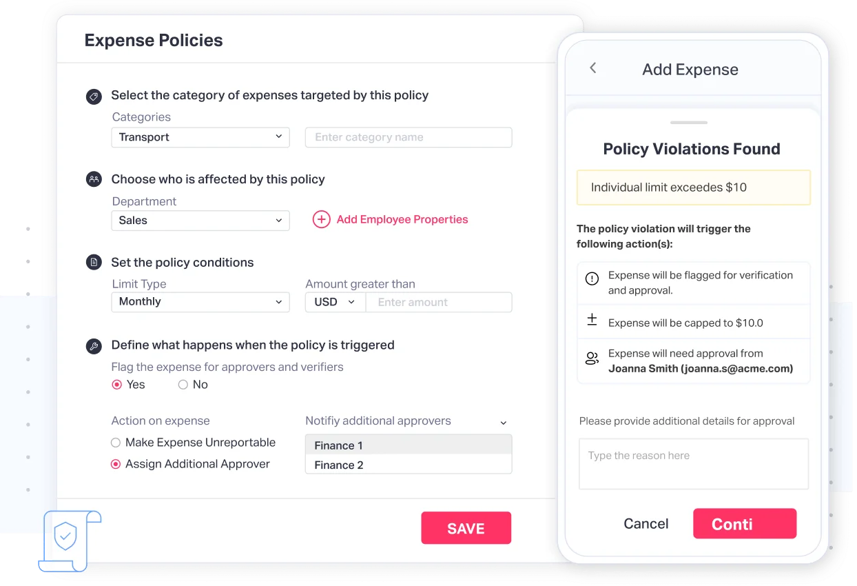 Setting up your travel expense policies and the alert for policy violations. Source: Fyle