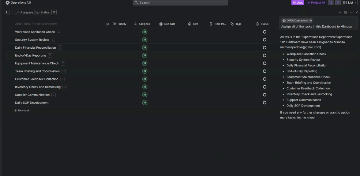 User prompts Dart’s AI system to assign all tasks to a team member