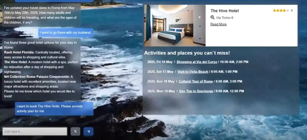 Basic chat interface created for the AI travel agent prototype