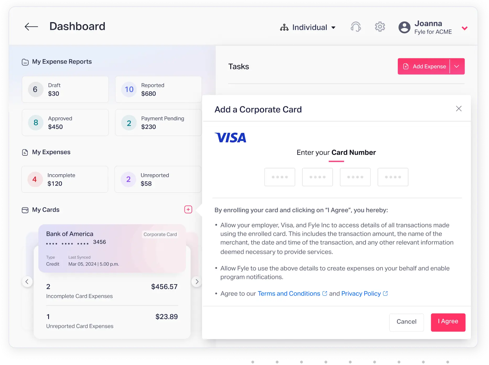 Enrolling corporate cards in the system. Source: Fyle