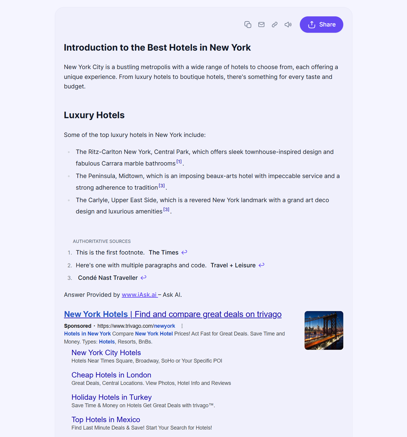 iAsk displays an OTA ad after responding to “What are the best hotels in New York?”