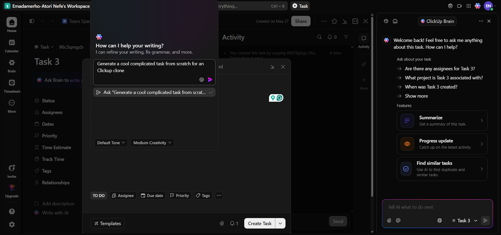 User prompting ClickUp’s AI system to generate a task