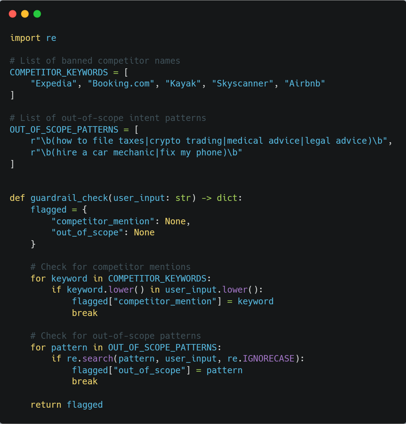 Guardrails for detecting out-of-scope user queries and flagging competitor keywords