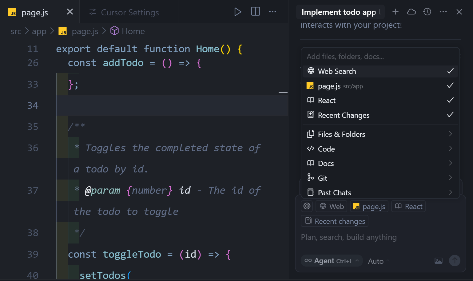 Popup panel for adding various elements to the AI chat’s context