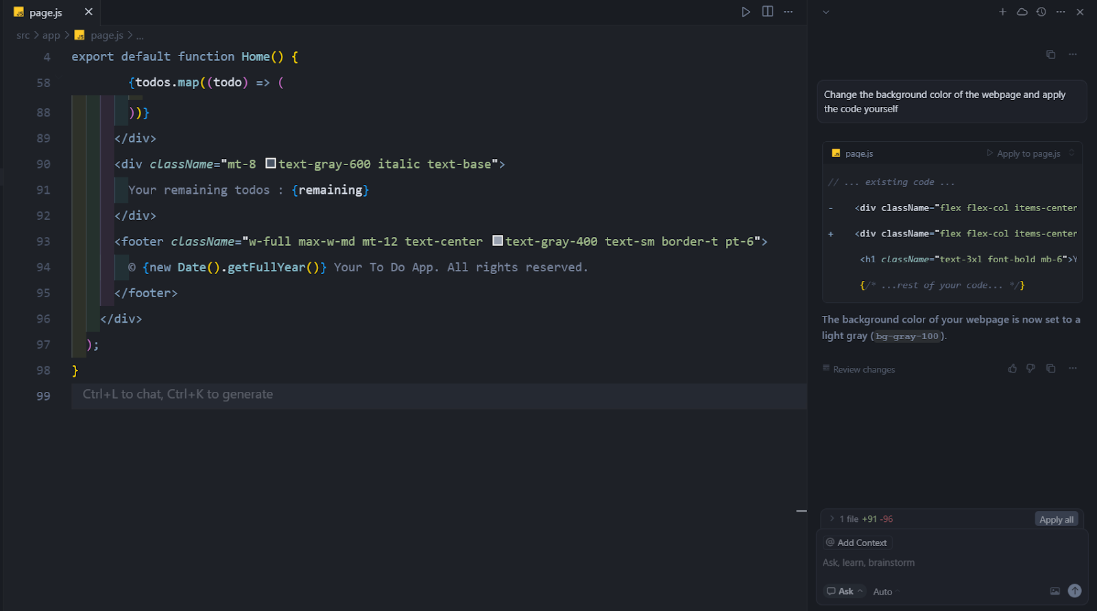 Cursor’s ask mode generating code as requested