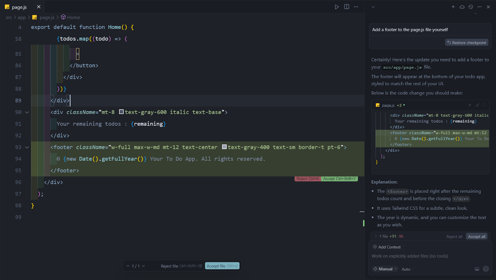 Cursor’s manual mode applies requested changes to a codebase