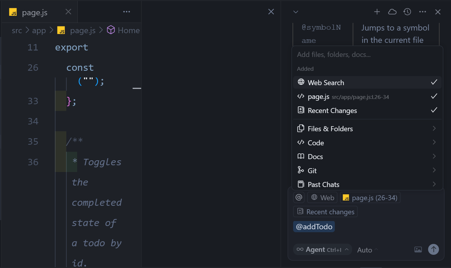 Popup panel for adding various elements to the AI chat’s context
