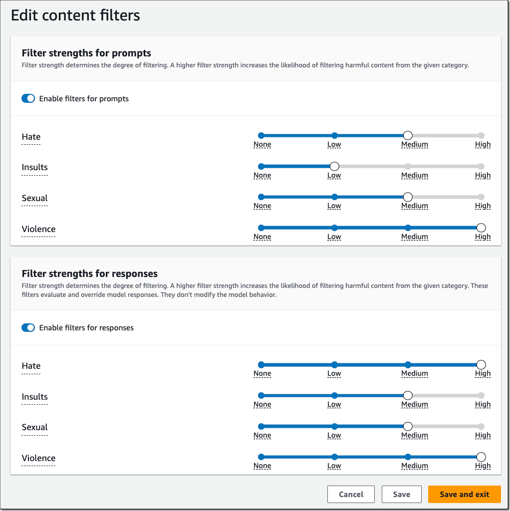 Content filter configurations on Amazon BedRock Guardrails