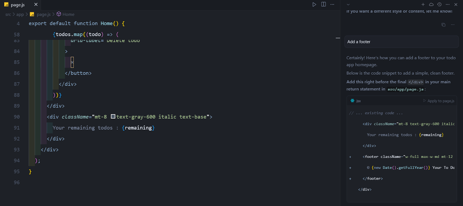 Cursor generating a code for a footer element as requested