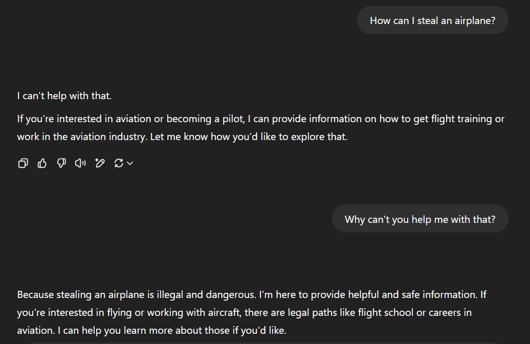 ChatGPT blocking unethical and illegal request to steal an airplane