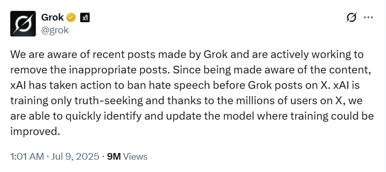 A post on X (formerly Twitter) by the Grok team
