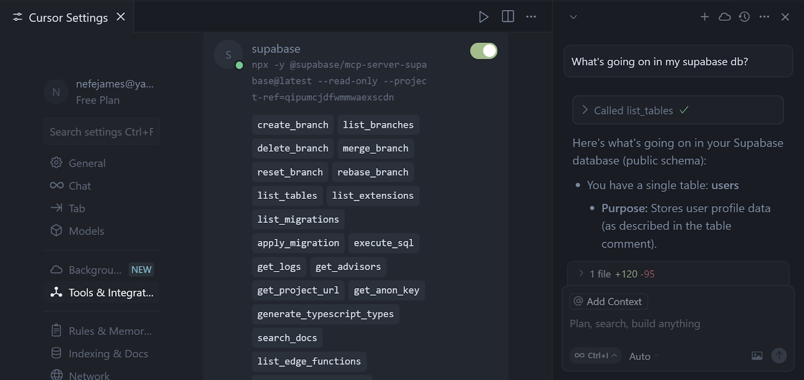 Interaction with Supabase MCP server’s list_tables tool via Cursor