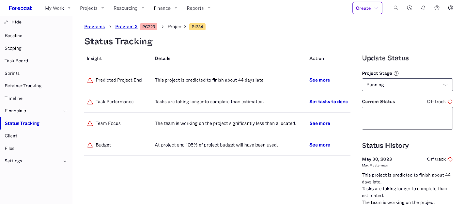 Dashboard showing a project’s status