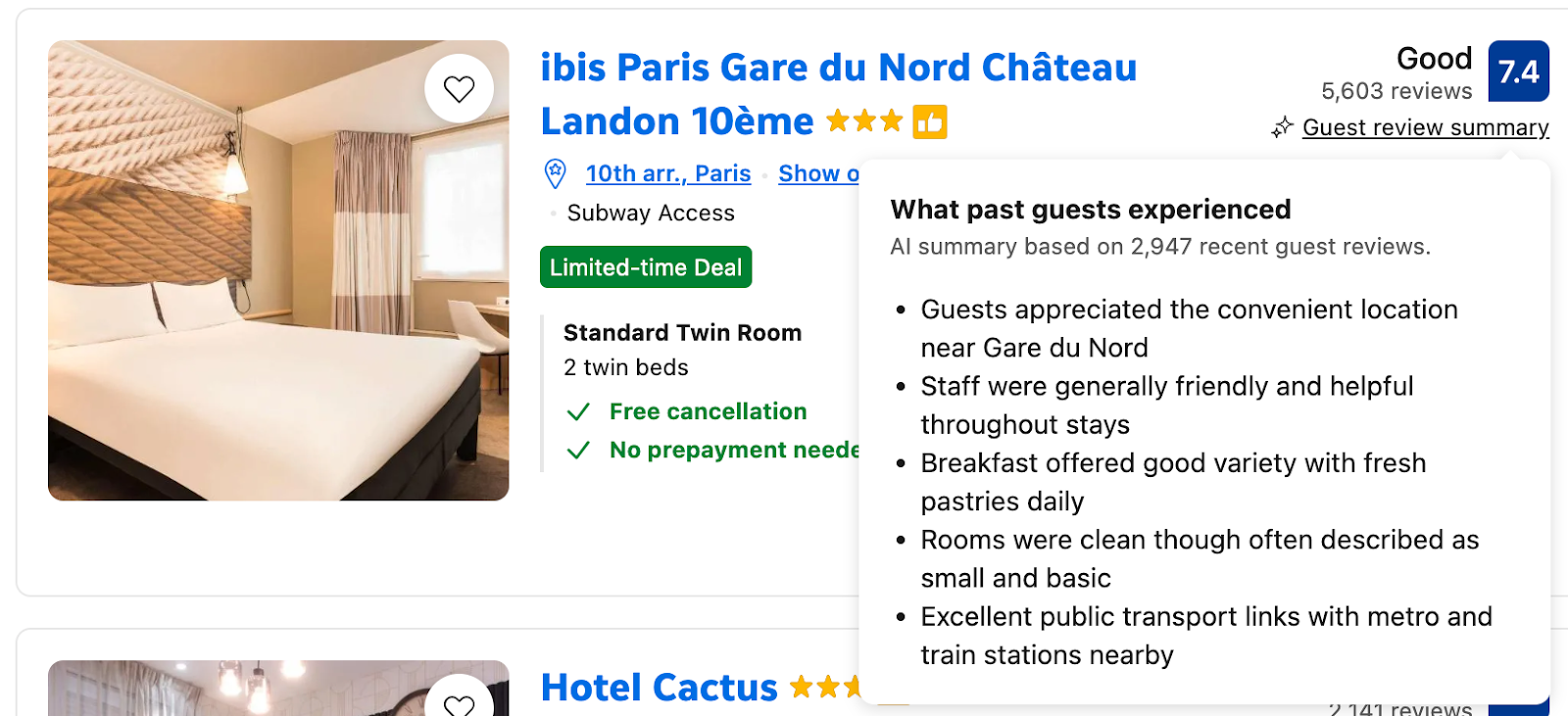 AI summary of reviews on Booking.com