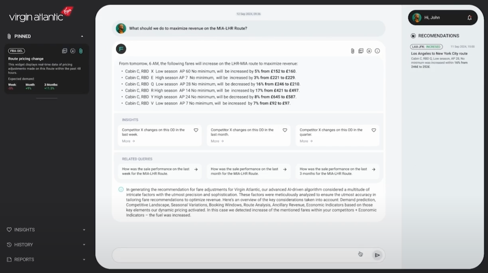 Example of an airline analyst chatting with a Large Market Model. Source: Fetcherr