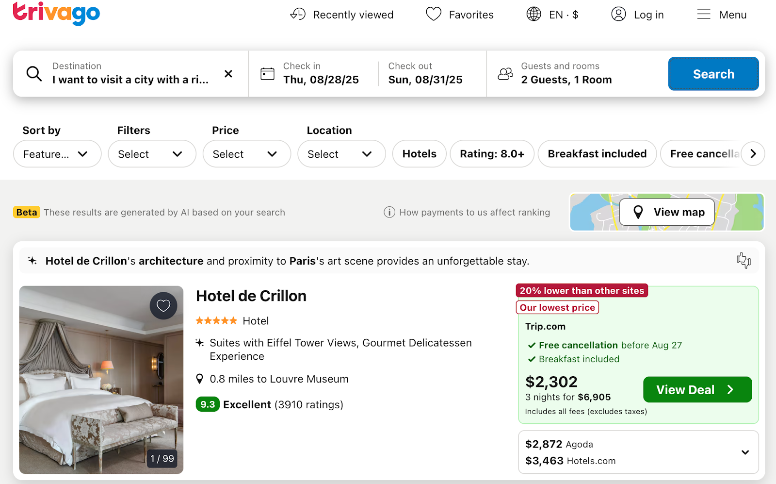 Trivago combines traditional search results with AI-powered suggestions