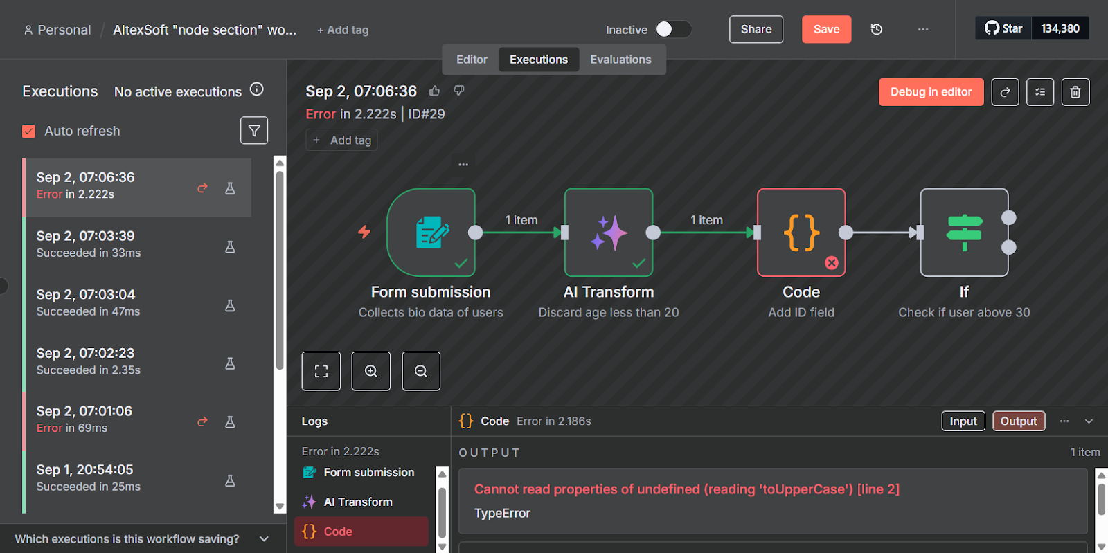 A failed n8n workflow execution