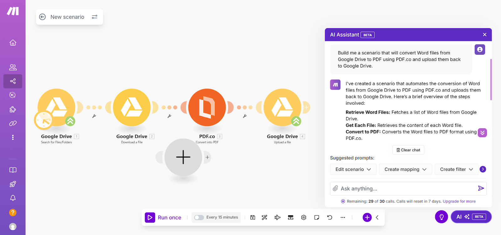 A workflow generated by Make’s AI assistant