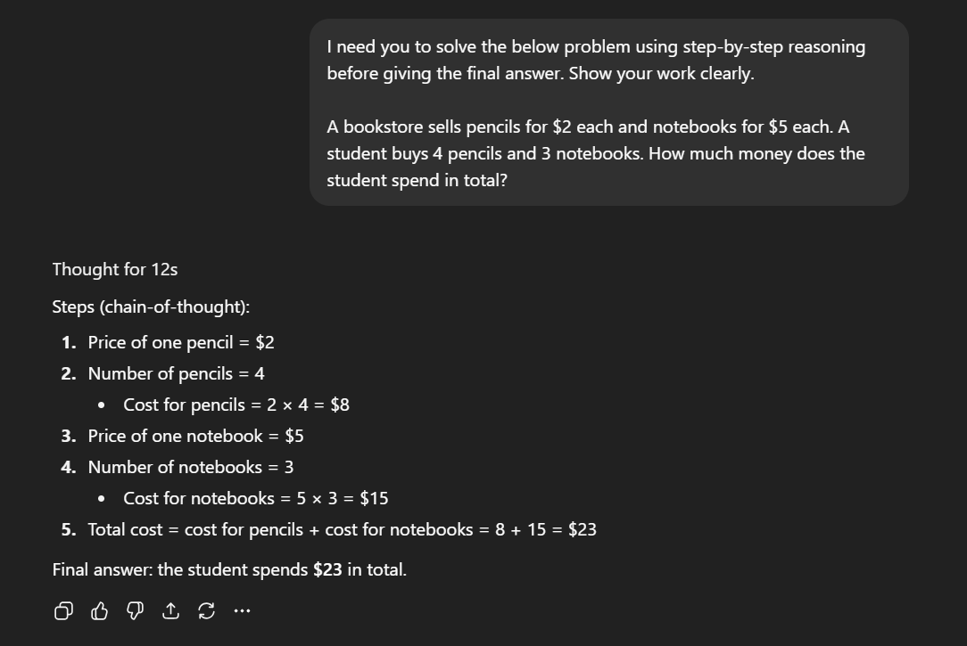 ChatGPT showing the reasoning steps it took to solve an arithmetic problem