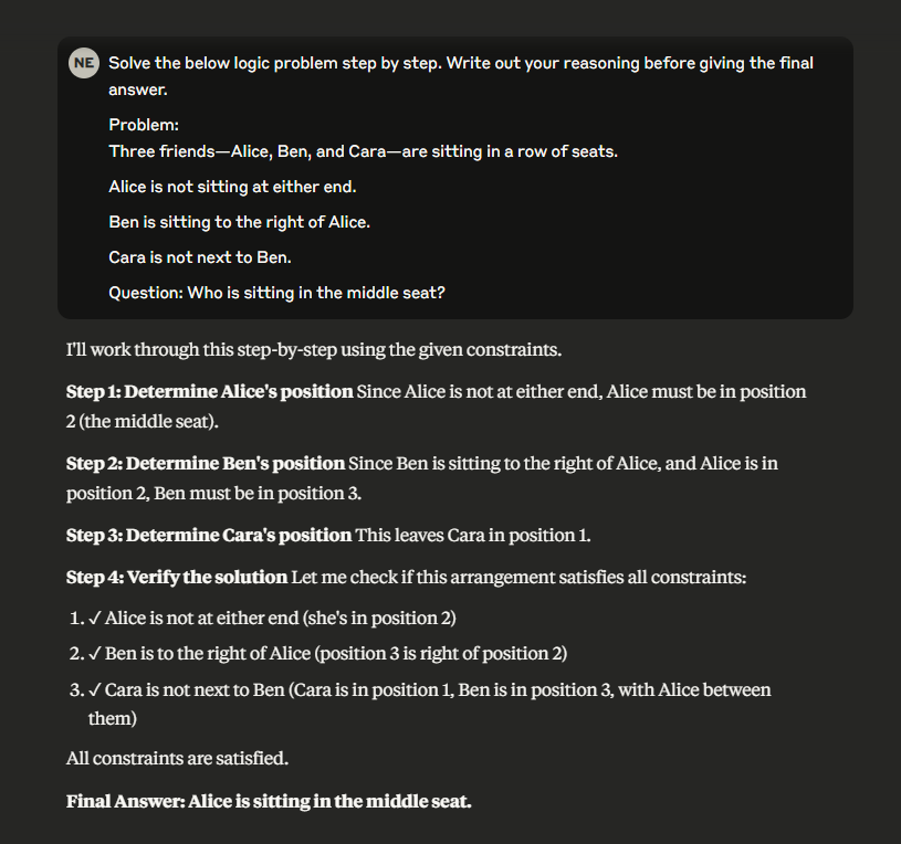Claude showing its reasoning steps for a logic puzzle