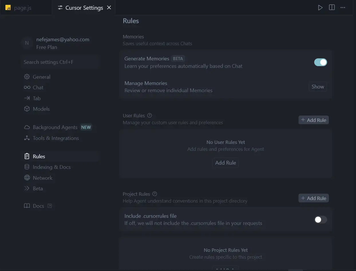 Cursor’s rules configuration interface