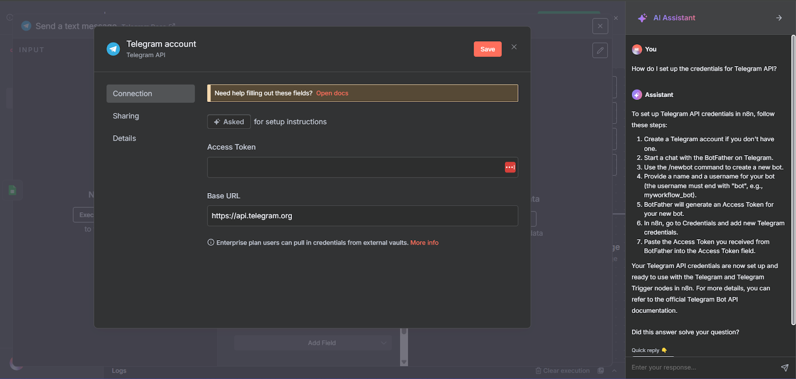 n8n’s AI assistant providing guidance on how to fetch credentials for Telegram’s API