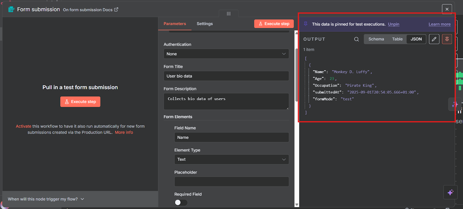n8n’s data pinning feature