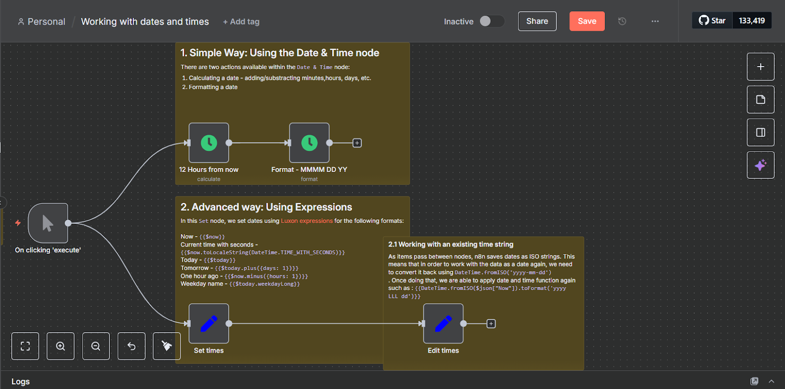 n8n’s GUI with sticky notes explaining how different nodes in a workflow work
