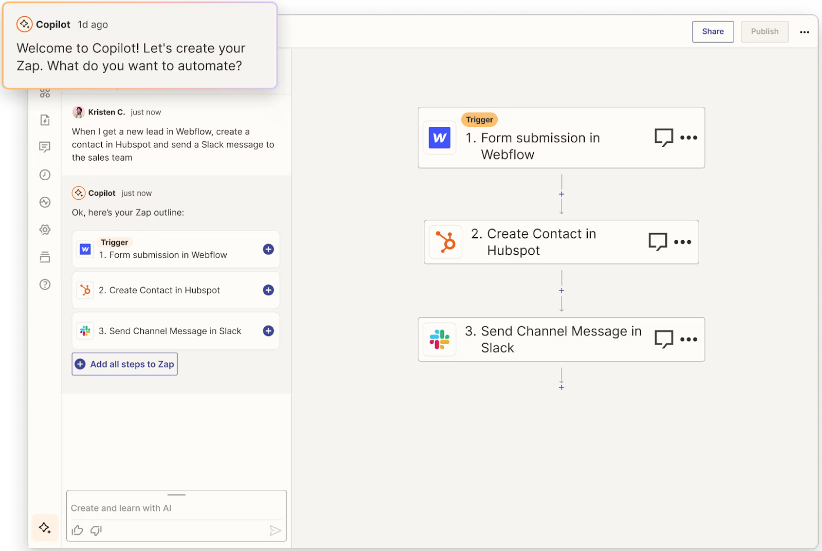 Zapier’s AI copilot generating a workflow based on a user’s prompts
