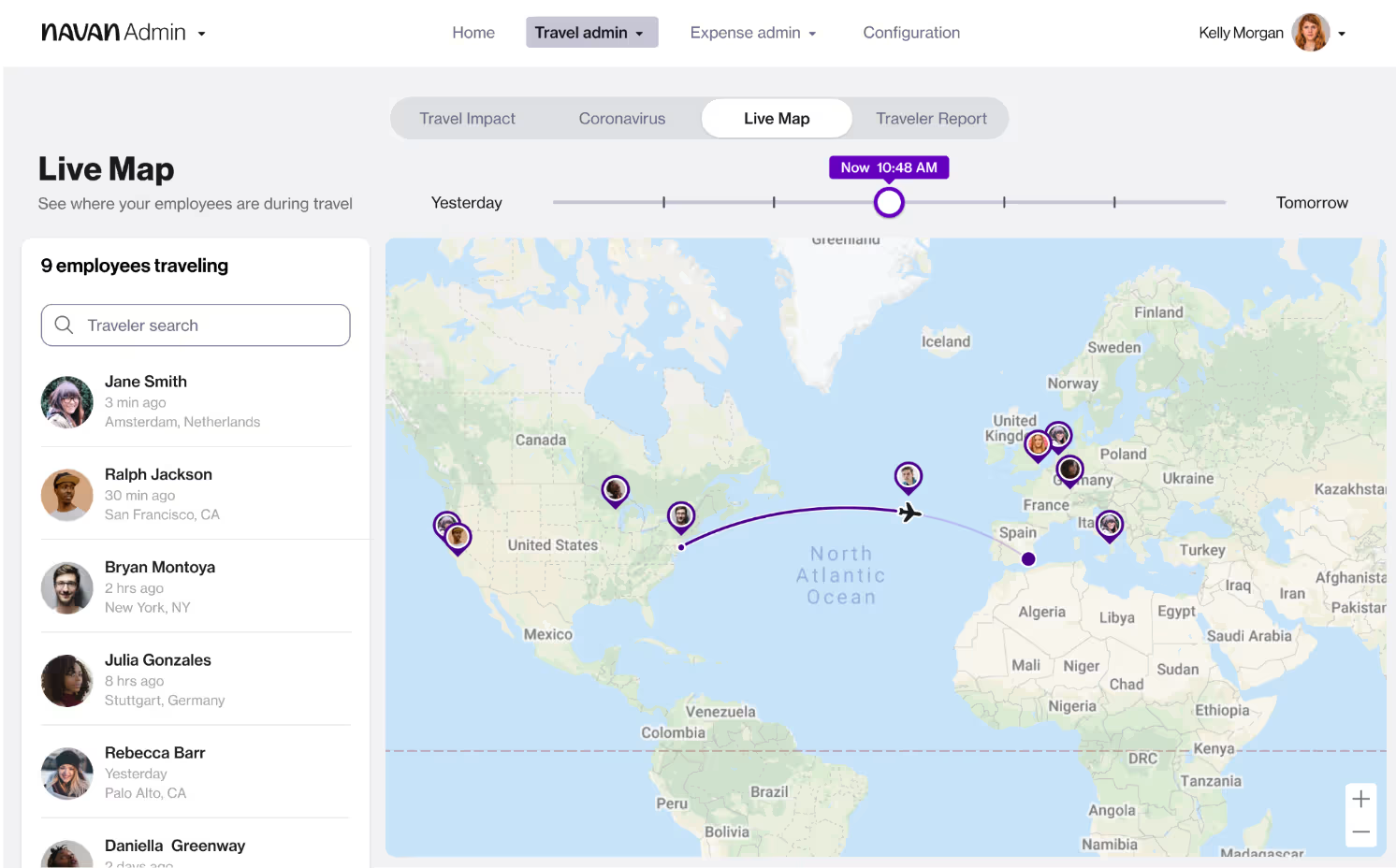 A live map showing the location of different employees while they travel