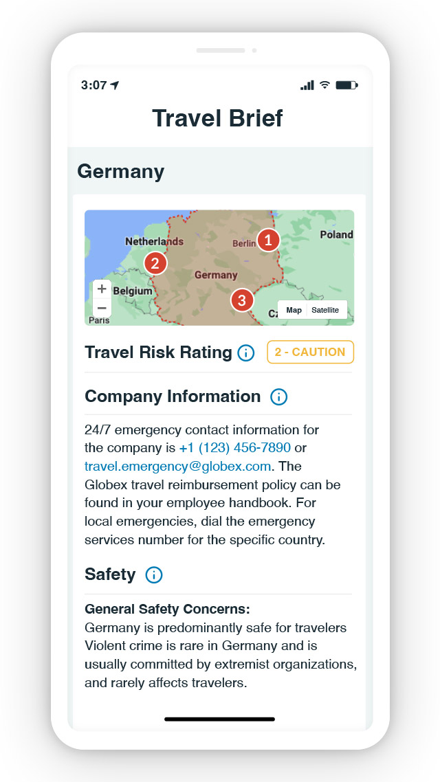 Country analysis view of Germany showing a safety travel brief