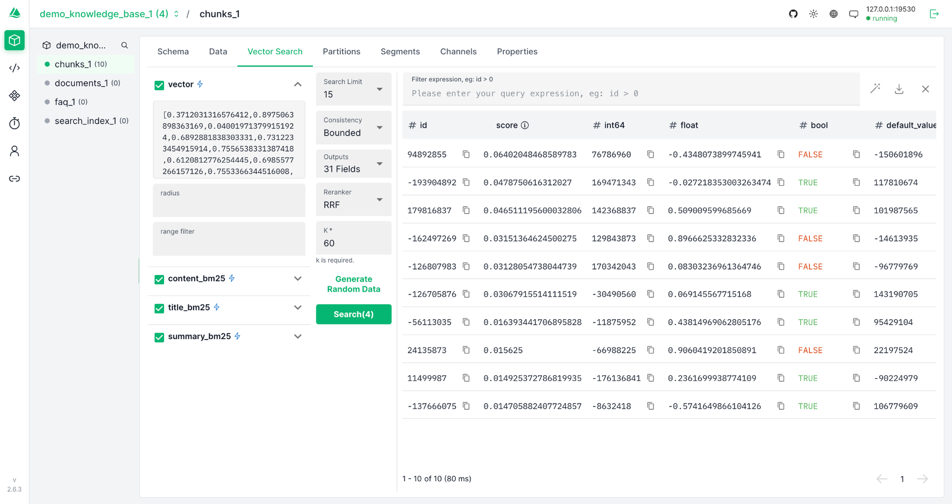Attu's Vector Search interface, showing a hybrid search with results displaying similarity scores and scalar metadata