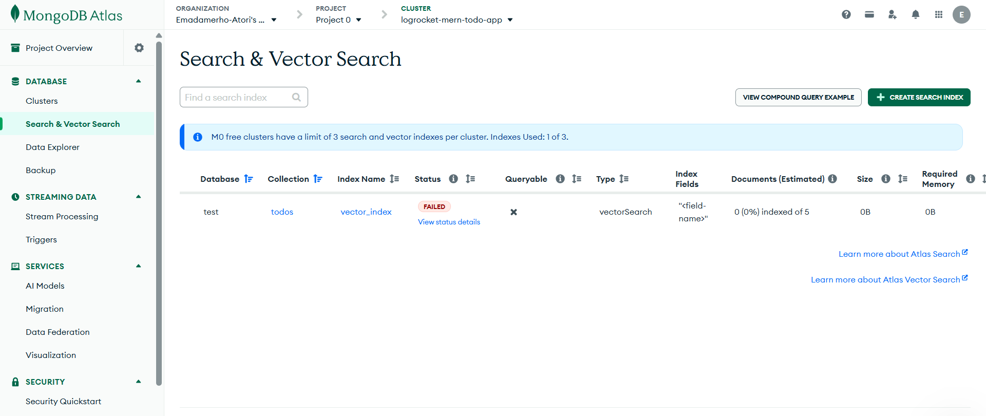 MongoDB Atlas Vector Search dashboard