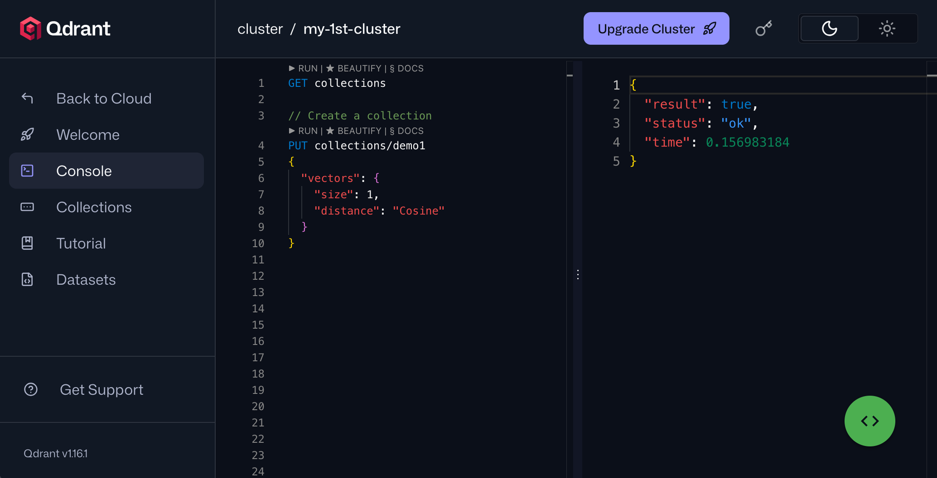 Qdrant’s web UI for managing both local and cloud Qdrant deployments