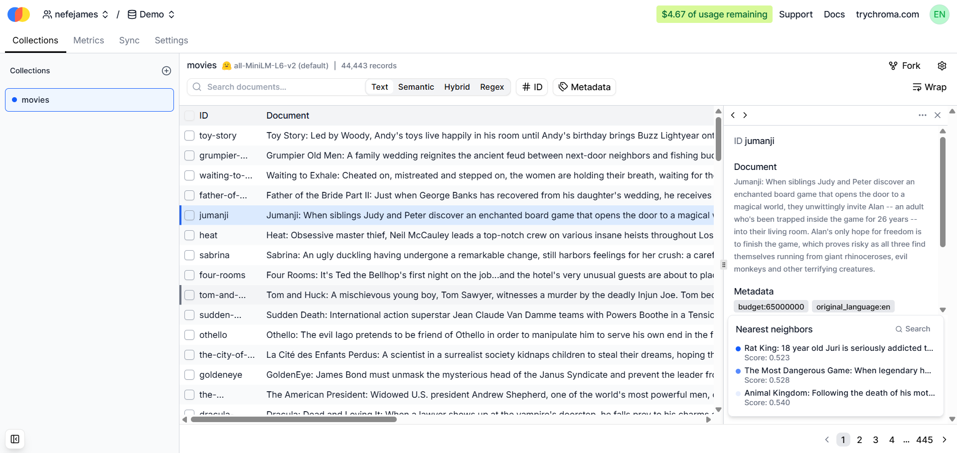 The Chroma Cloud UI displaying a movies collection, with document embeddings, sparse vectors, and metadata visible for each record