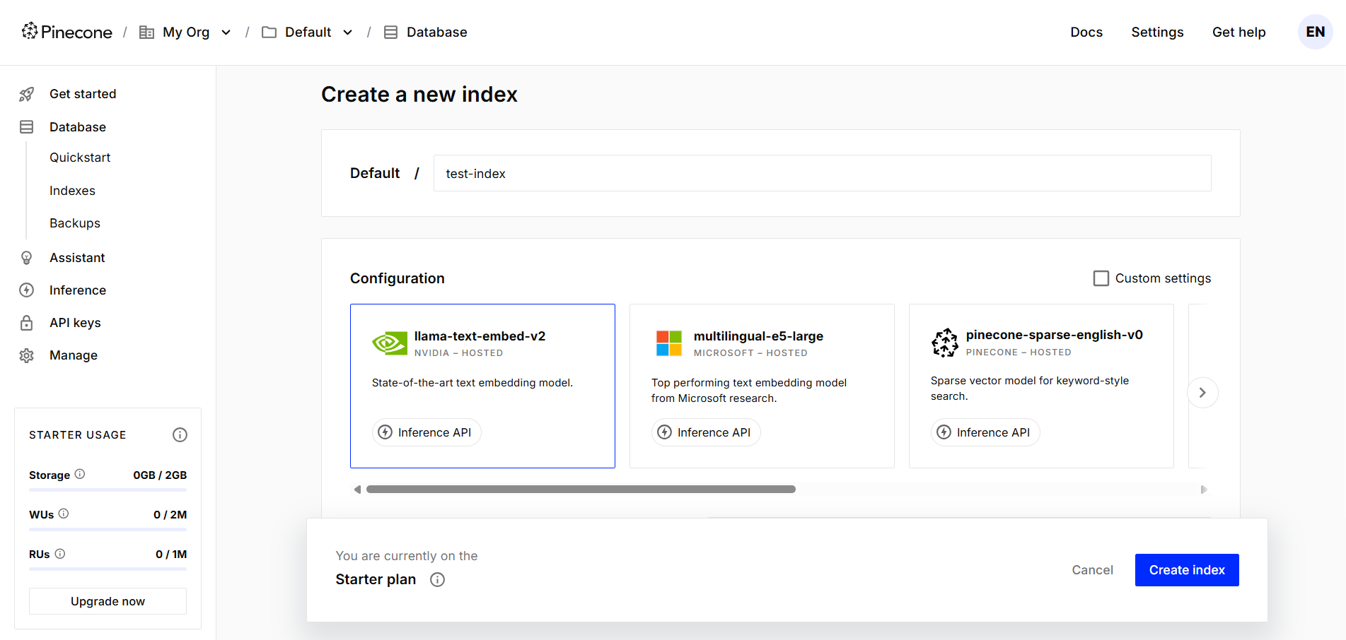 The Pinecone console's index creation screen, showing built-in hosted embedding model options from NVIDIA, Microsoft, and Pinecone